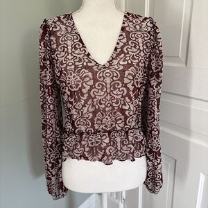By Anthropologie Jacquard Peasant Blouse Medium Wine Burgundy Cropped